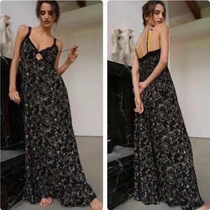 Free People Intimately Good Days Floral Printed Maxi Mesh Panel Black Size Large